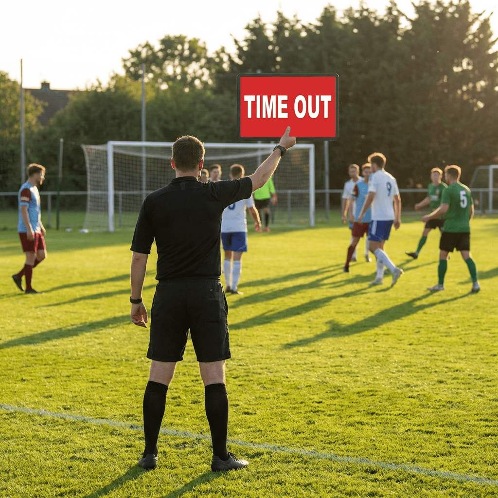 A soccer referee holds up a red sign that says TIME OUT during a match.