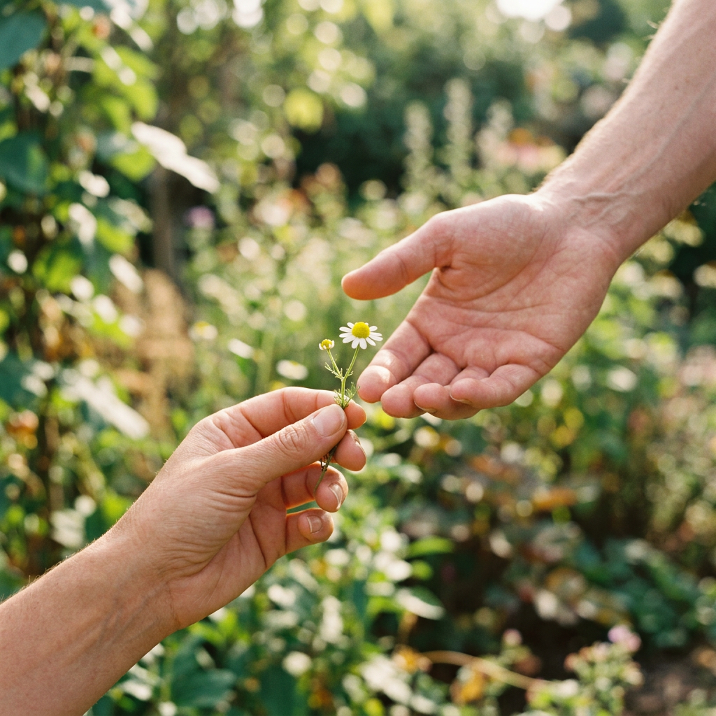 Two hands exchanging a small daisy flower outdoors