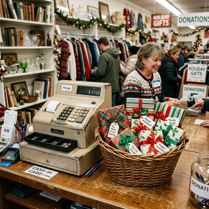 Vintage cash register with $12.50 display and wrapped holiday gifts in a thrift store checkout