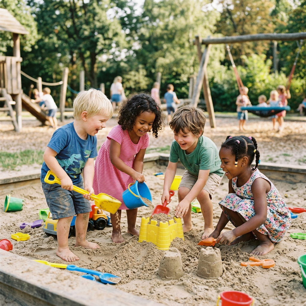 Four children playing and building sandcastles in a sandbox at a playground