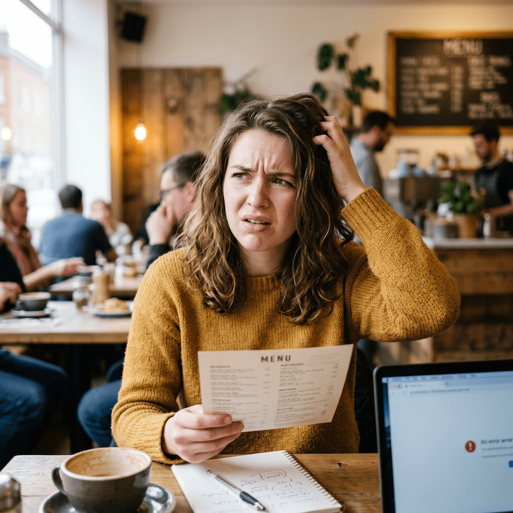 Woman in yellow sweater looking confused while holding a menu in a café