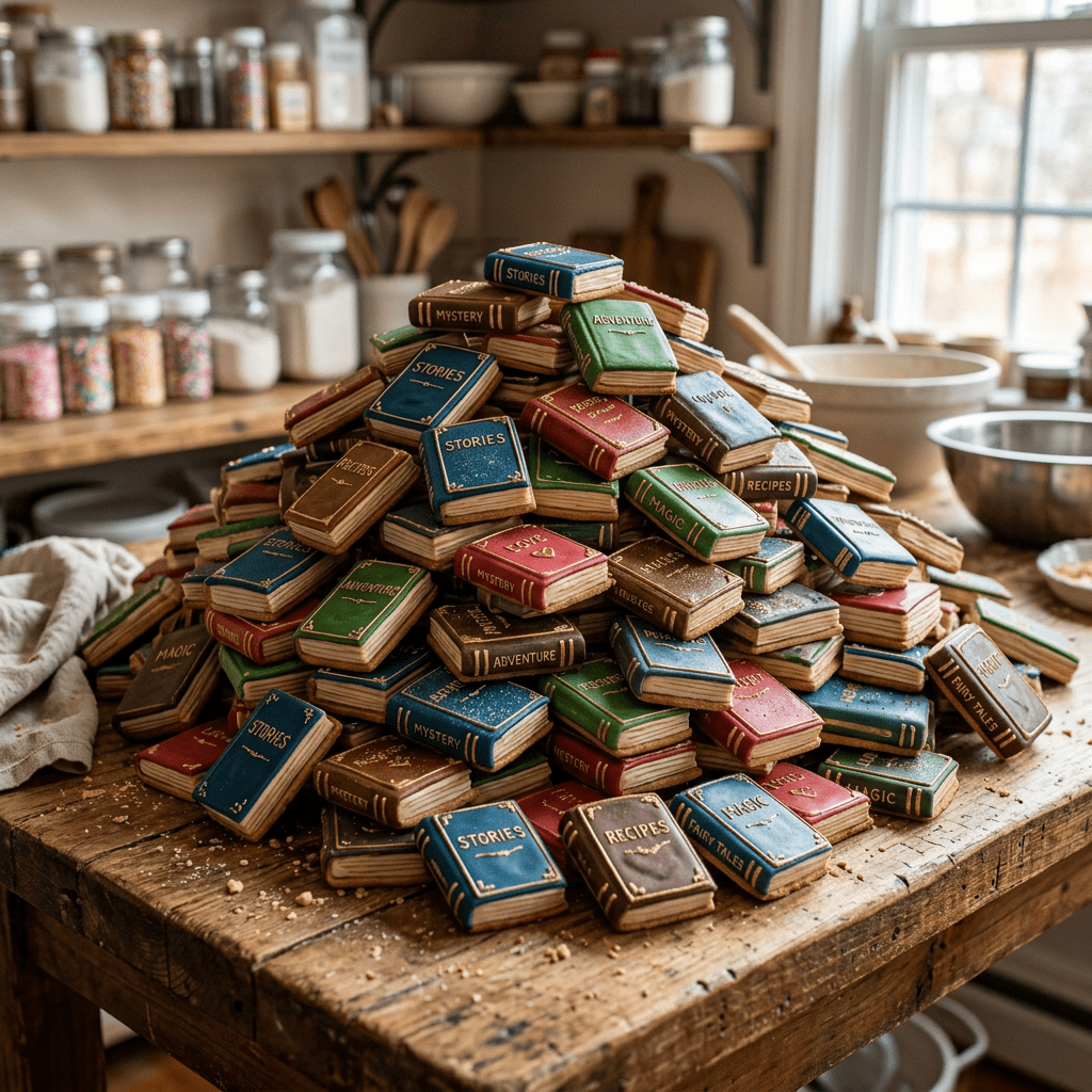 Book-shaped cookies in various colors with titles like Stories, Recipes, Mystery, and Magic