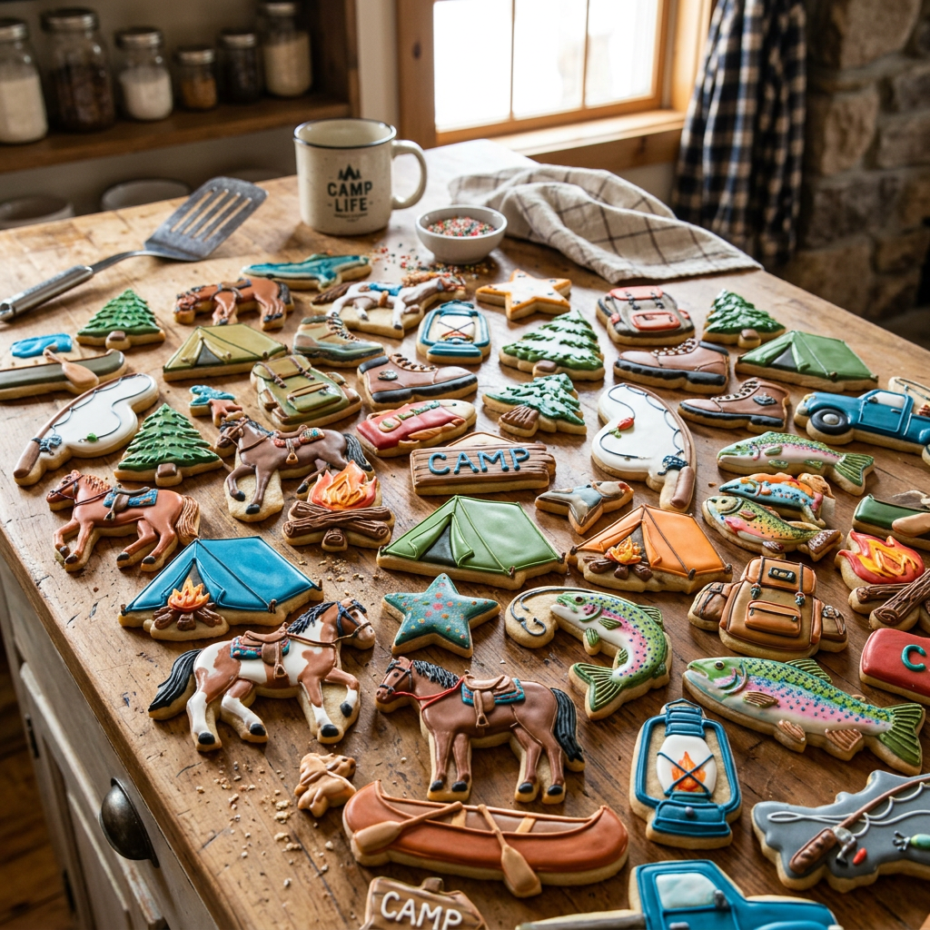 Assortment of decorated cookies shaped like tents, horses, fish, campfires, boots, and other camping items