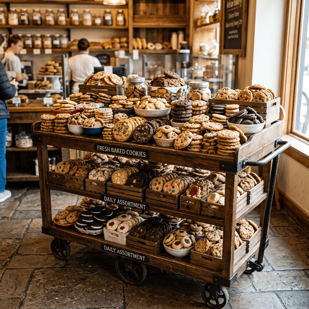 Wooden cart filled with various types of fresh baked cookies in bowls and trays
