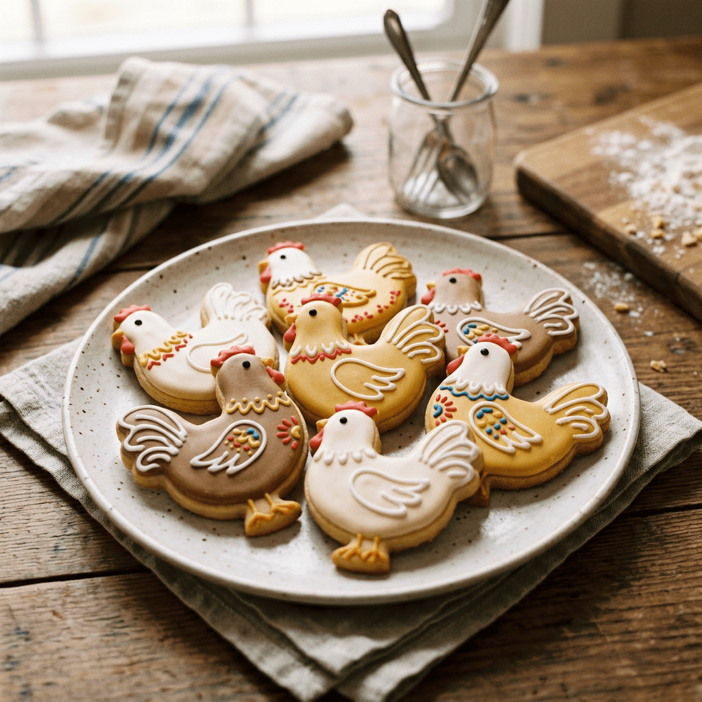 Plate with hen-shaped cookies decorated with colorful icing