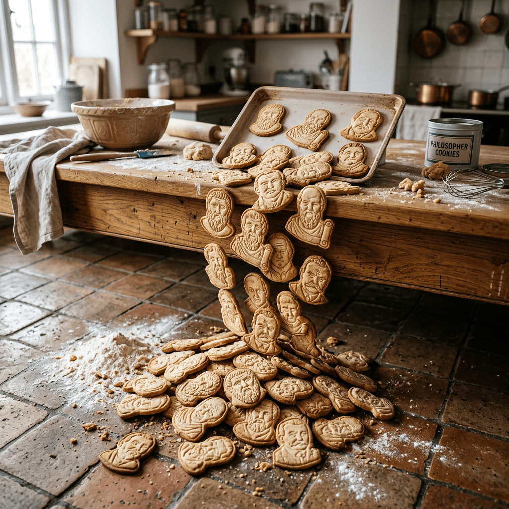 Cookies shaped like faces of philosophers spilling from a baking tray onto a wooden table and floor