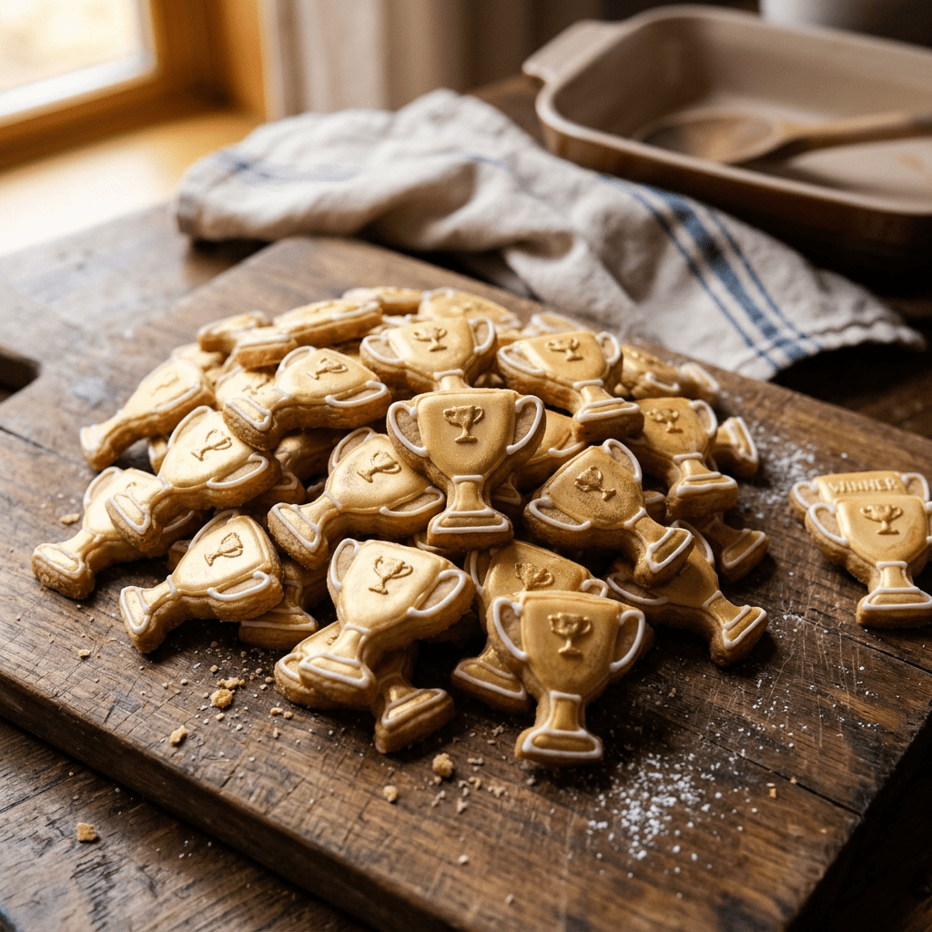 Golden trophy-shaped cookies arranged in a pile on a wooden cutting board