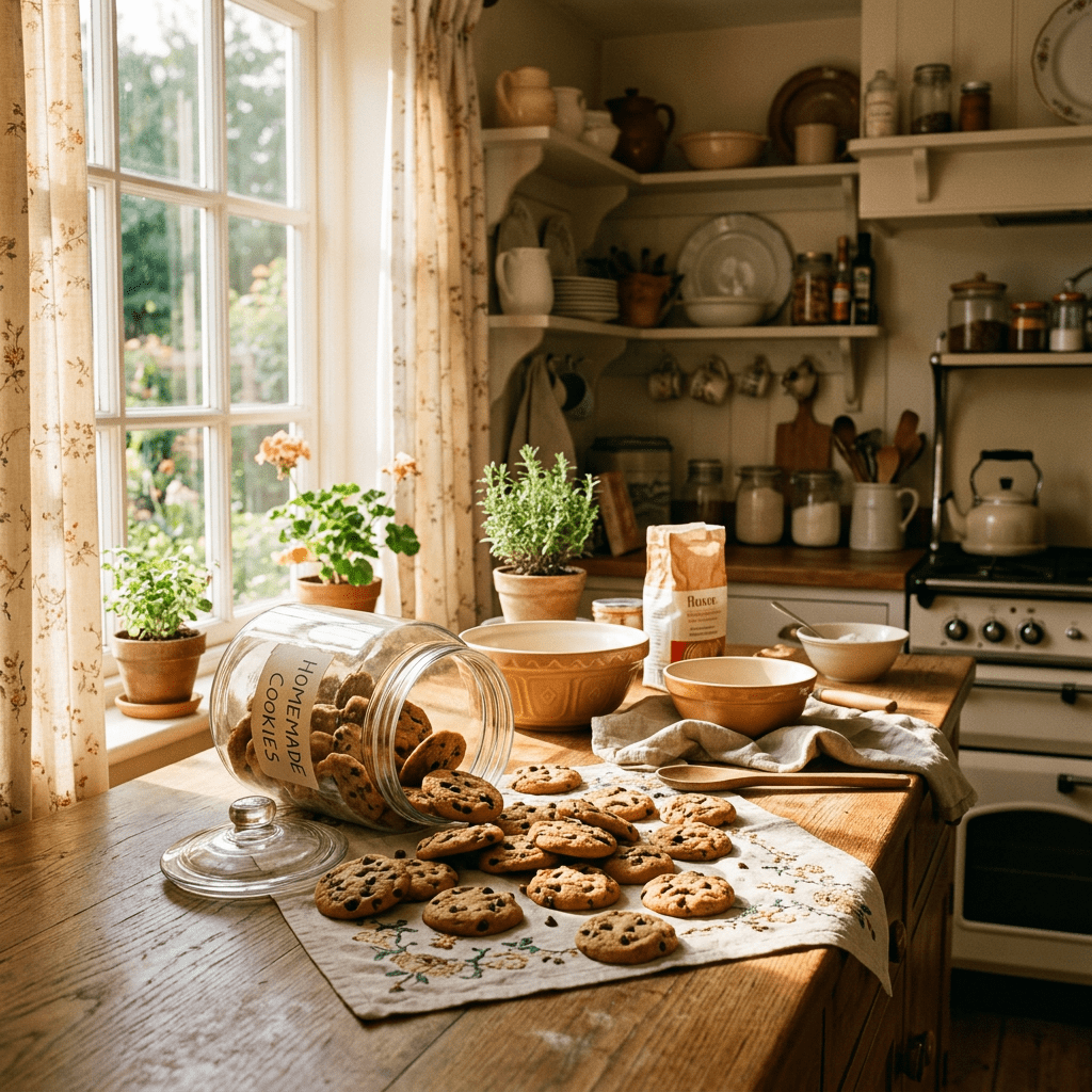 Chocolate chip cookies spilling out of a glass jar labeled homemade cookies on a wooden kitchen counter