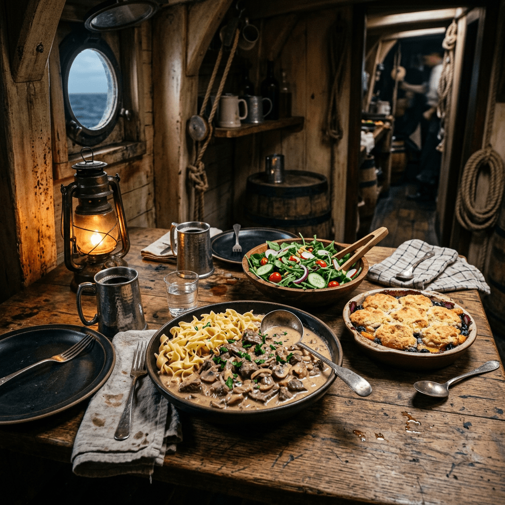 Table with plate of beef stroganoff and noodles, salad bowl, and baked dish inside wooden ship cabin