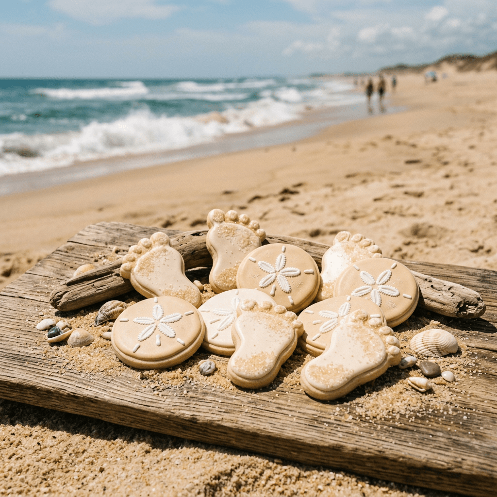 Sugar cookies shaped like footprints and sand dollars on driftwood with sand and seashells