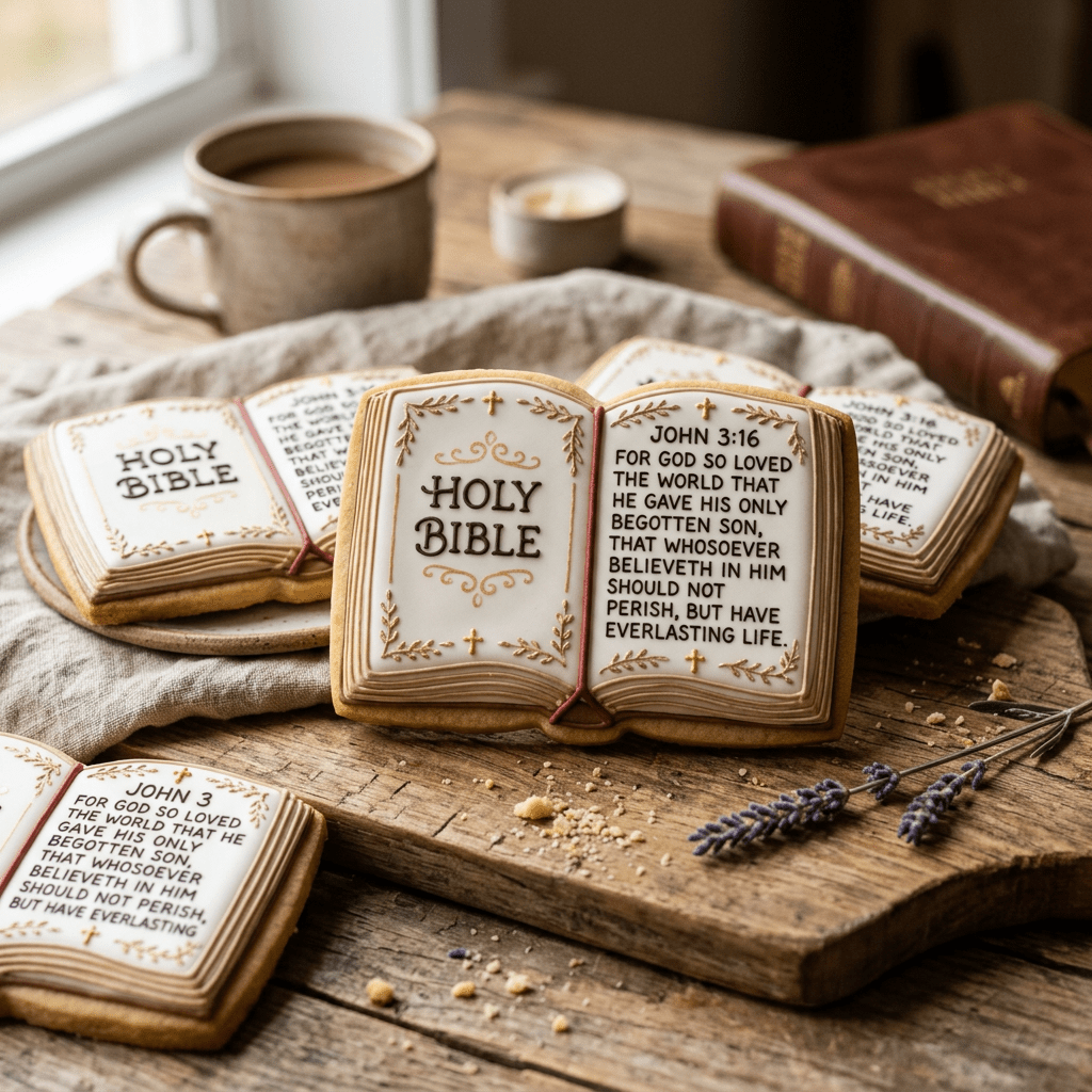 Cookies shaped like open Holy Bibles with Bible verse John 3:16 decorated on them
