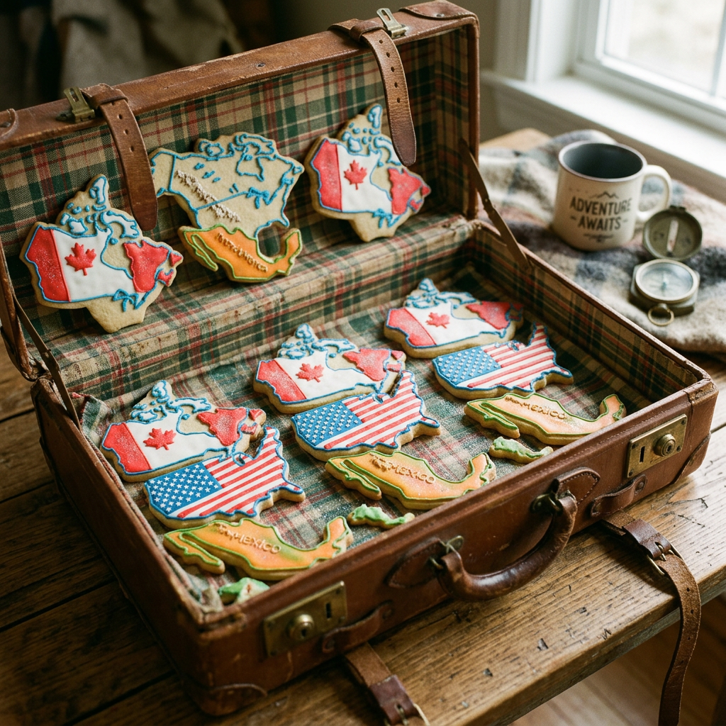 Cookies shaped like maps of Canada, the USA, and Mexico decorated with their respective flags and names in an open plaid-lined suitcase
